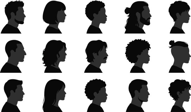 A collection of diverse human head silhouettes showing various hairstyles and profiles isolated on a white background