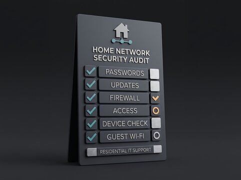 Home network security audit checklist displayed on a modern control board for reviewing residential cybersecurity and smart device protection status