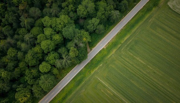 Aerial View of Rural Country Road Surrounded by Lush Green Forests and Open Fields, Scenic Countryside Landscape from Above
