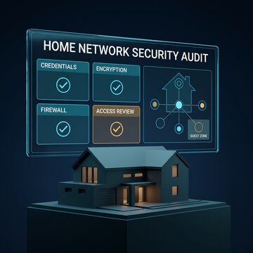 Home network security audit checklist dashboard floating above a 3D house model showing comprehensive smart home privacy and device connection status