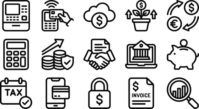 Set of fifteen thin line vector icons representing various financial banking business and digital payment concepts and services