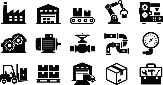 Set of black industrial and manufacturing icons representing factory production logistics engineering and heavy machinery equipment operations
