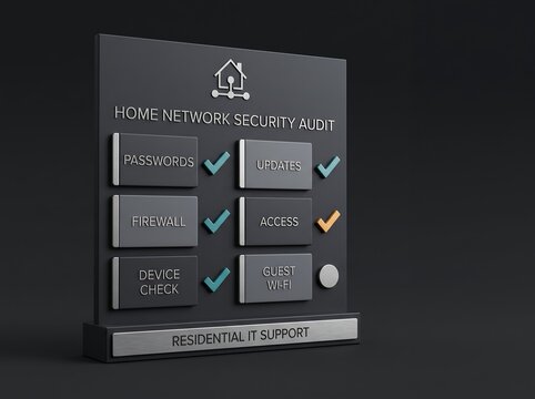 Home network security audit checklist displaying a digital dashboard for a professional residential cybersecurity assessment and device review with wifi securit