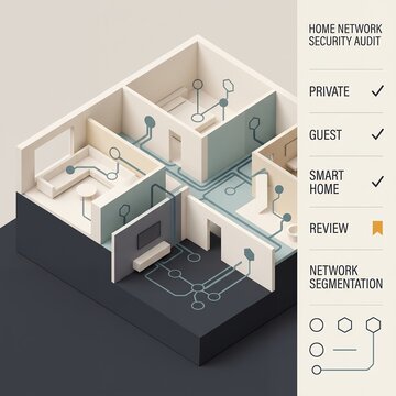 Home network security audit checklist featuring a 3D residential floor plan with integrated network segmentation and status dashboard, cybersecurity checklist