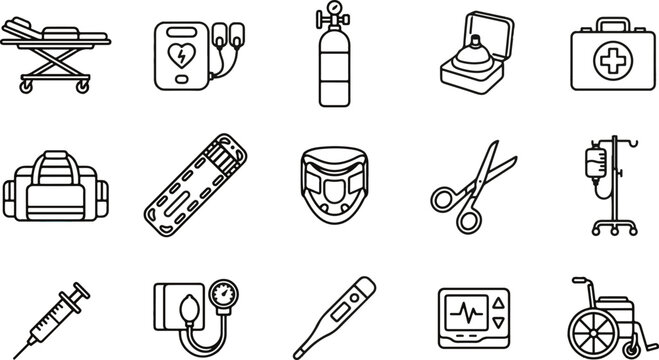 Set of fifteen black and white medical equipment icons representing emergency services and clinical health care diagnostic tools