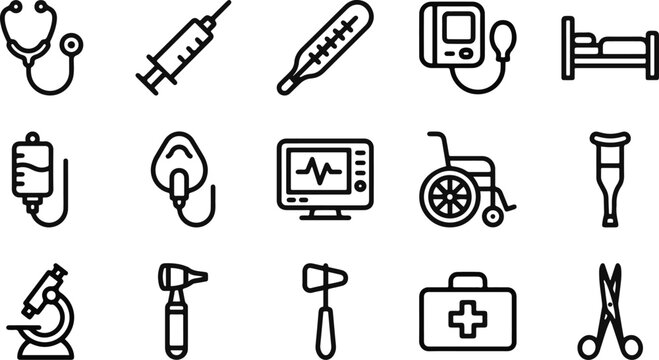 Set of black and white medical equipment icons representing various healthcare tools and hospital supplies for professional use
