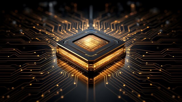 Central processing unit on circuit board. Modern computer chip with golden data flow.