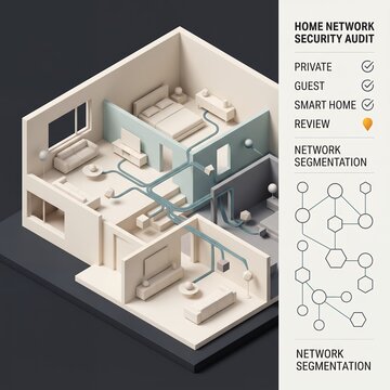 Home network security audit checklist visualized as a residential 3D floor plan with digital network segmentation assessment dashboard, cybersecurity