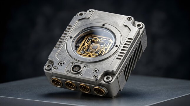 A rugged metal electronics module with a glass window revealing a gold circuit and microchip, representing embedded systems, secure hardware, aerospace engineering, and industrial tech.

