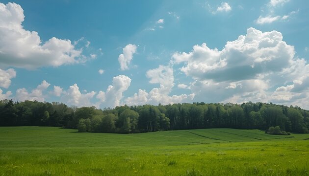 Lush Green Grass Fields Bordered by Dense Forest Trees Under a Bright Blue Sky with Fluffy White Clouds, Scenic Summer Nature Landscape