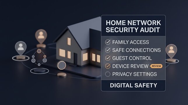 Home network security audit checklist visualized as a digital status panel for evaluating residential wi fi and smart device privacy settings with cybersecurity