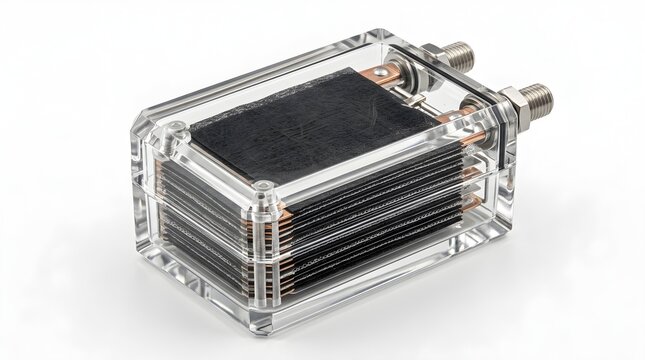 A transparent stacked plate module with metal connectors, representing fuel cell technology, battery research, electrochemistry, energy storage, and clean engineering innovation.


