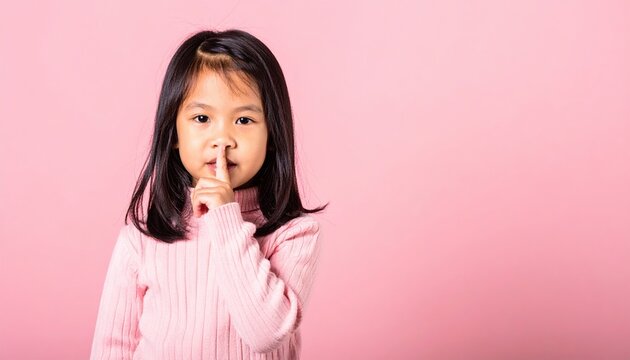 asian little girl wearing pink sweater making quiet shhh gesture with finger on lips, pastel pink background, childhood expression, studio portrait, copy space
