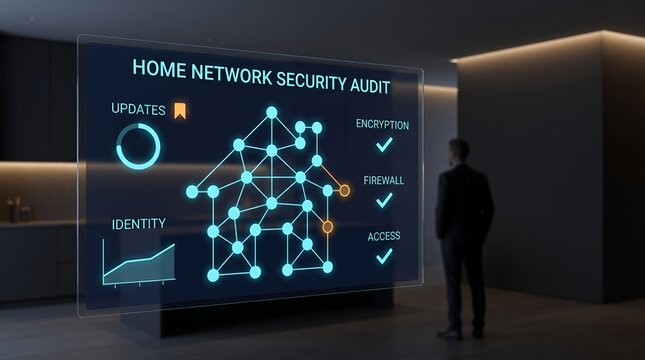 Home network security audit checklist being reviewed by a professional consultant on a large futuristic holographic interface in modern home with cybersecurit