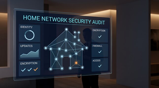 Home network security audit checklist presented on a digital dashboard showing smart home connectivity and threat protection status for a resident