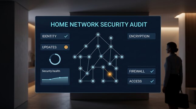 Home network security audit checklist displayed as a virtual hud interface, providing comprehensive smart home privacy and device assessment report