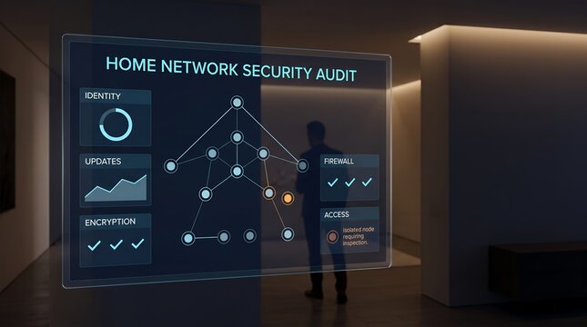 Home network security audit checklist visualized on a futuristic glass panel for residential cyber risk assessment and connected device management