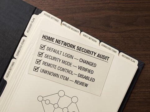 Home network security audit checklist organized in a personal organizer showing an assessment of residential internet safety and device connection status