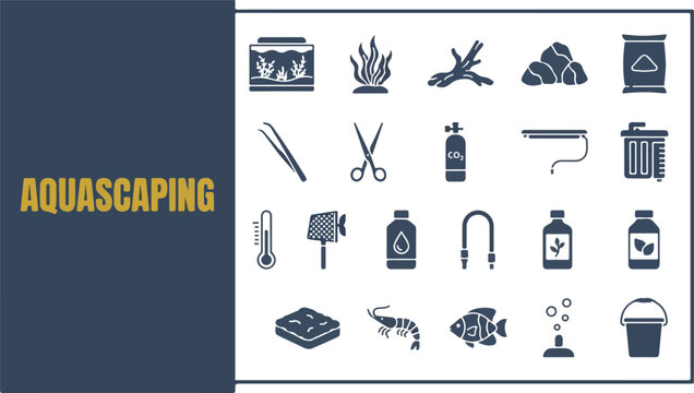 Comprehensive aquascaping icon set for aquarium care and maintenance