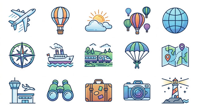 Colorful travel and adventure icons collection set.