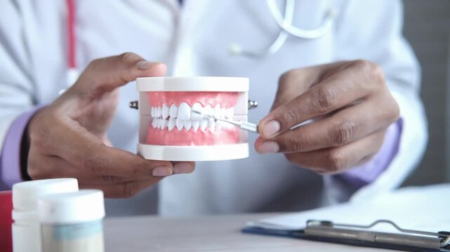 Dentist holding professional dental model showing anatomical teeth structure in clinic with medical tools