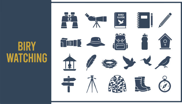 Birdwatching gear icons including binoculars camera and birds
