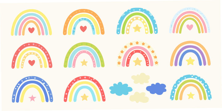 Rainbow collection with hearts and stars watercolor vector illustration