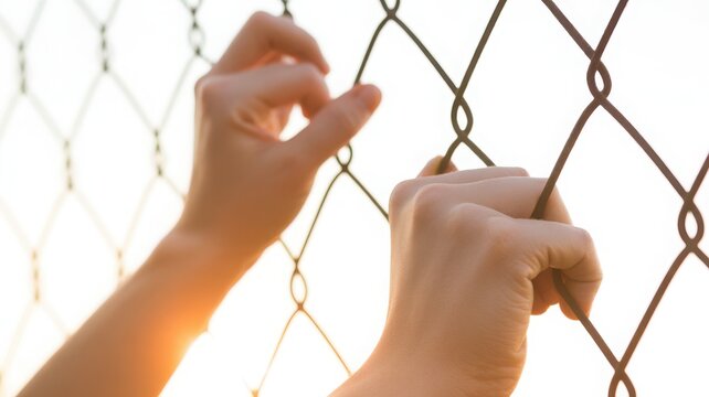 Close-up of two hands gripping and holding a metal chain link fence with a bright, sunny outdoor background.