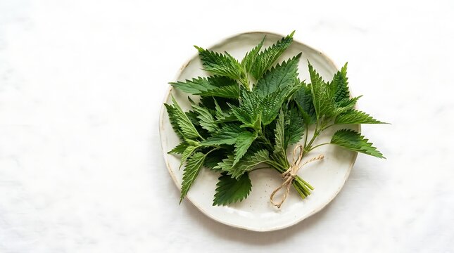 A bunch of fresh green stinging nettle leaves arranged on a white ceramic plate.