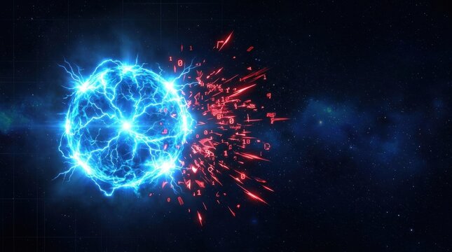 Glowing blue energy sphere with red sparks exploding in dark space background