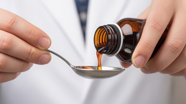 Close-up of hands pouring medicine from a bottle into a spoon