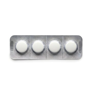 Four round blister-pack pills in a single row on a strip