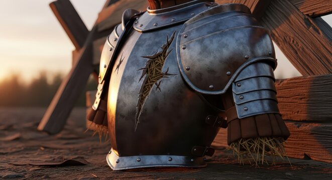 Damaged medieval knight armor resting against wooden barrier at sunset, battle aftermath concept