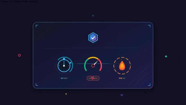 Futuristic digital dashboard interface, animated UI HUD elements for data visualization, high tech control panel with performance gauges and icons