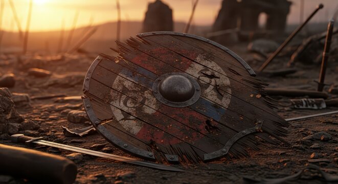 Damaged Viking Shield and Swords Lying on Battlefield at Sunset, Symbolizing Defeat and the Aftermath of War