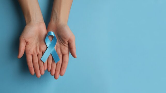Hands holding a blue ribbon for prostate cancer awareness against a blue background