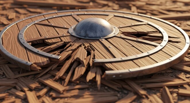Damaged Viking Shield Lying on Wooden Debris