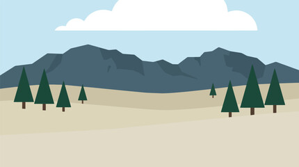 Landscape illustration of mountain range and pine forest with mountain, tranquil © FATEMA