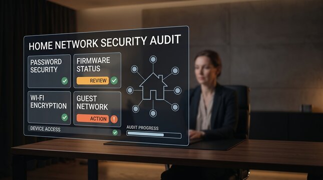 Home network security audit checklist managed by a professional cybersecurity consultant using a futuristic glass holographic interface with security assessment