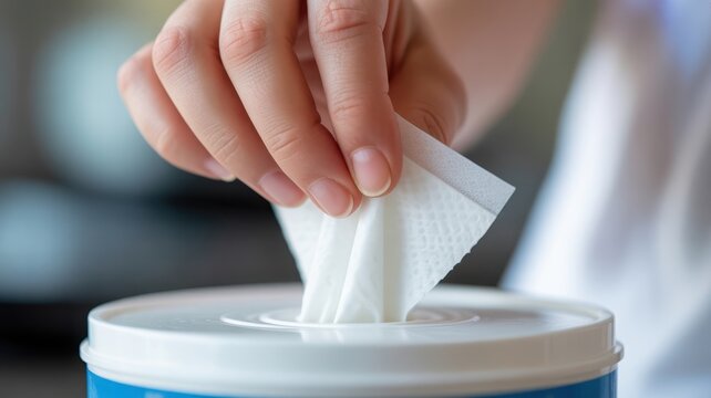Hand pulling a wet wipe from a container