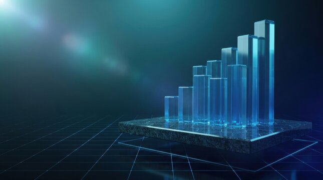 Futuristic glass chart columns glowing with dramatic blue lighting for business analytics concept