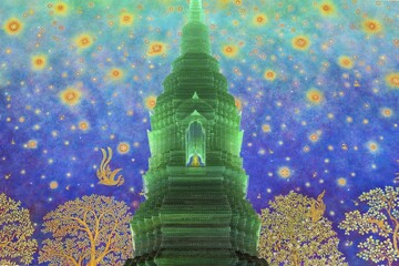 In the emerald green silence of Wat Paknam Phasi Charoen, the glass chedi rises like a glowing heart of light. Golden pillars support a cosmic ceiling that plunges the room into a sense of infinity. The wall paintings tell of Buddha's path to enlightenment and combine earthly beauty with spiritual depth that makes this place so unique, Phasi Charoen district, Thonburi, Bangkok, Thailand
