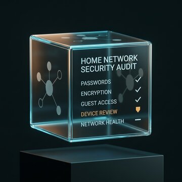 Home network security audit checklist rendered in a 3D glass cube showing smart home device review status and digital network security assessment metrics