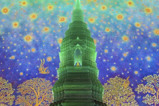 In the emerald green silence of Wat Paknam Phasi Charoen, the glass chedi rises like a glowing heart of light. Golden pillars support a cosmic ceiling that plunges the room into a sense of infinity. The wall paintings tell of Buddha's path to enlightenment and combine earthly beauty with spiritual depth that makes this place so unique, Phasi Charoen district, Thonburi, Bangkok, Thailand