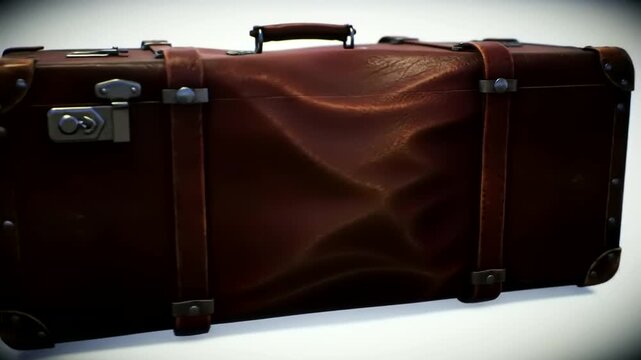 A vintage brown leather suitcase with straps and buckles sits still. It shows signs of wear and a textured surface.