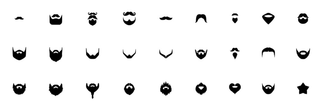 Beards and Mustaches Collection of 30 Distinct Black and White Vector Illustrations Featuring Facial Hair, Illustration, Icons