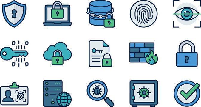 Data security flat vector icon pack featuring privacy cyber protection lock shield fingerprint access control encryption password secure cloud database firewall key and verification for web print