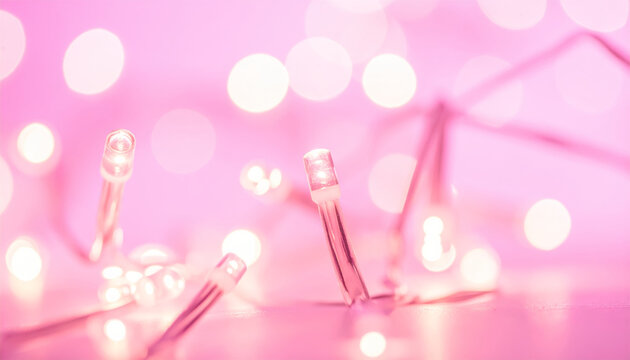 Pink fairy light closeup with bokeh glow and soft festive mood