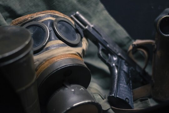 Laid pistol, mask and other accessories of WW2. Germany