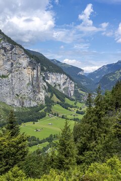 View of the picturesque valley of Lauterbrunnen with Staubbach Falls, mountain landscape, Bernese Alps, Bernese Oberland, Switzerland